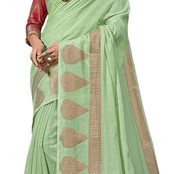 Light green woven cotton silk saree with blouse 4