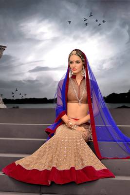 Copper Embroidered Lehenga With Blue Net Dupatta 2