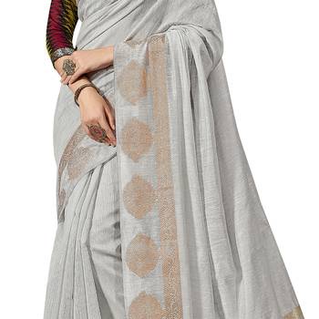 Grey woven cotton silk saree with blouse 4
