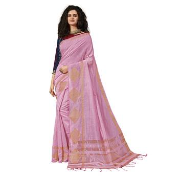 Pink woven cotton silk saree with blouse 1