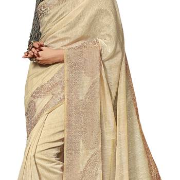 Beige woven cotton silk saree with blouse 4