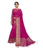 Pink woven cotton silk saree with blouse