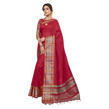 Red woven cotton silk saree with blouse 1