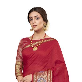 Red woven cotton silk saree with blouse 2