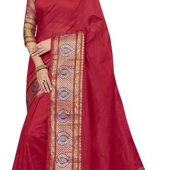 Red woven cotton silk saree with blouse 4