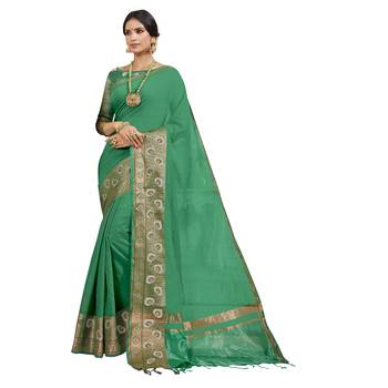 Green woven cotton silk saree with blouse 1