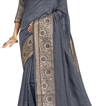 Grey woven cotton silk saree with blouse 4