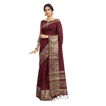 Maroon woven cotton silk saree with blouse 1
