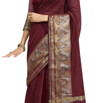 Maroon woven cotton silk saree with blouse 4