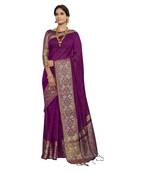 Purple woven cotton silk saree with blouse