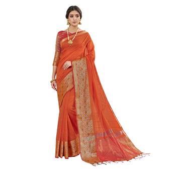 Orange woven cotton silk saree with blouse 1