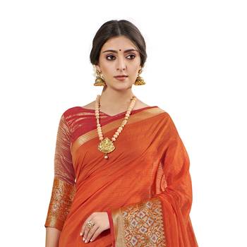 Orange woven cotton silk saree with blouse 2