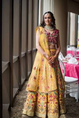Yellow embroidered georgette semi stitched lehenga 1