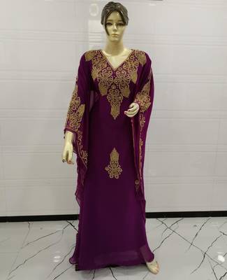 Wine Embroidered Georgette Islamic Kaftans 1