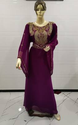 Wine Embroidered Georgette Islamic Kaftans 1