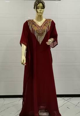 Maroon Embroidered Georgette Islamic Kaftans 1