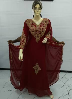 Maroon Embroidered Georgette Islamic Kaftans 1