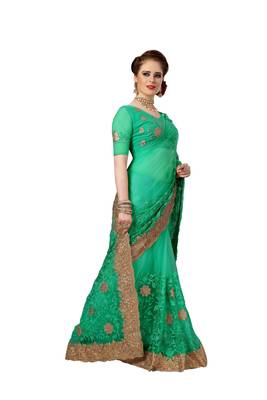 Trendmalls Green Embroidery net Indian Wedding Or Party Saree With Blouse 4
