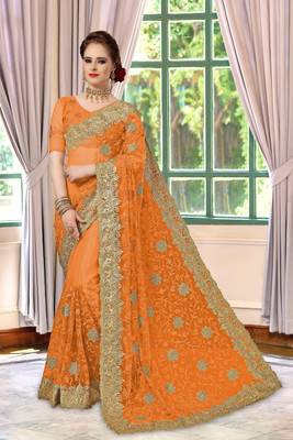 Trendmalls Orange Embroidery net Indian Wedding Or Party Saree With Blouse 1