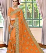 Trendmalls Orange Embroidery net Indian Wedding Or Party Saree With Blouse