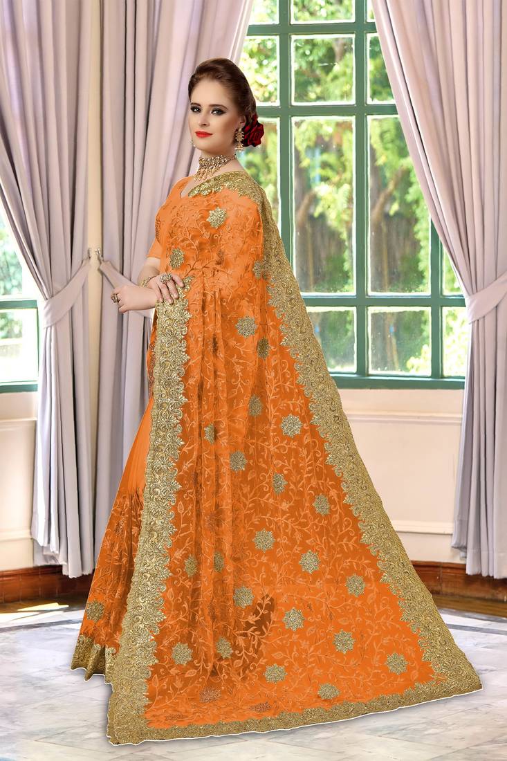 Trendmalls Orange Embroidery net Indian Wedding Or Party Saree With Blouse