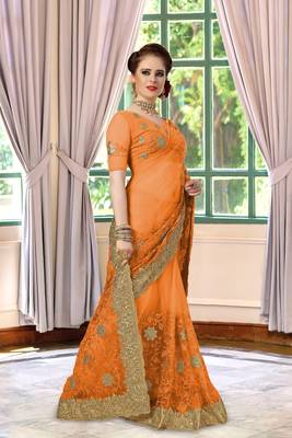 Trendmalls Orange Embroidery net Indian Wedding Or Party Saree With Blouse 3