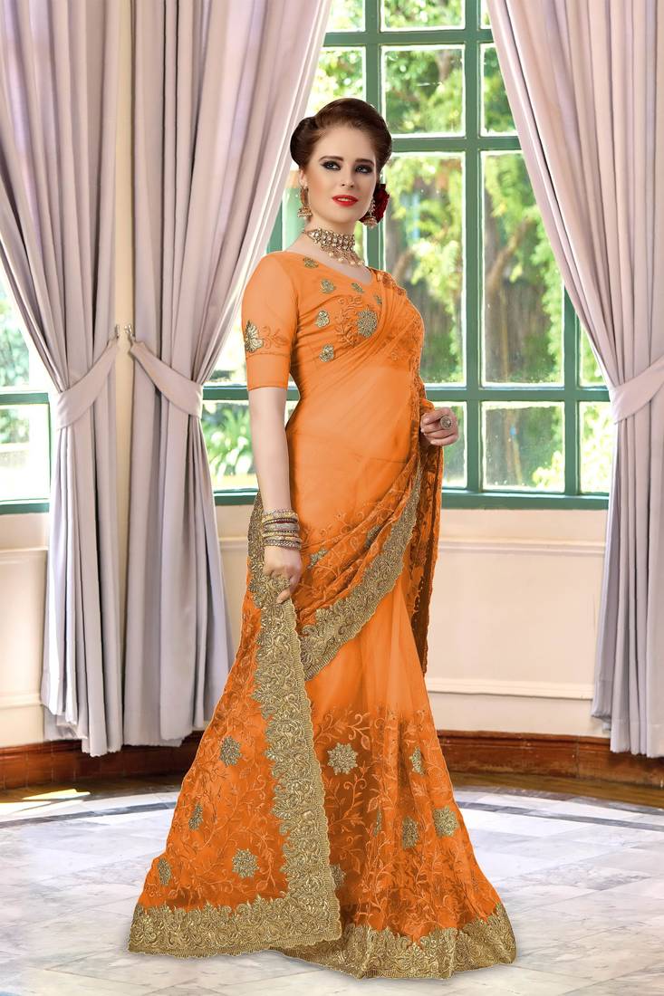 Trendmalls Orange Embroidery net Indian Wedding Or Party Saree With Blouse
