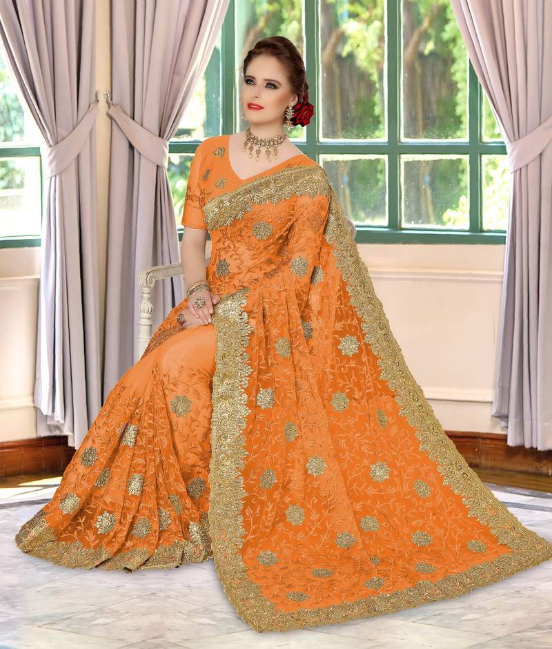 Trendmalls Orange Embroidery net Indian Wedding Or Party Saree With Blouse
