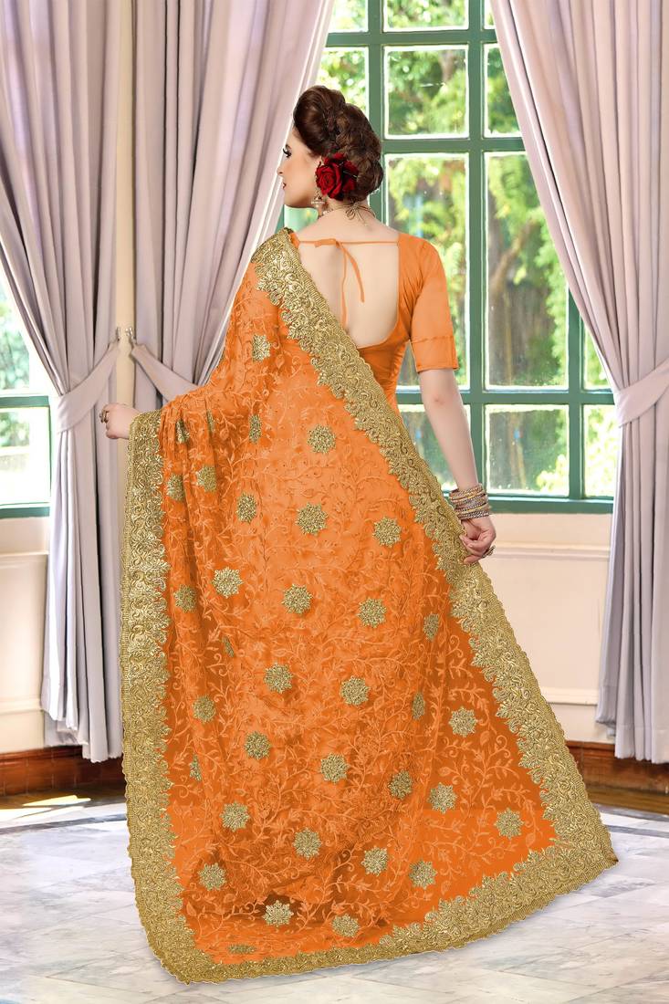 Trendmalls Orange Embroidery net Indian Wedding Or Party Saree With Blouse