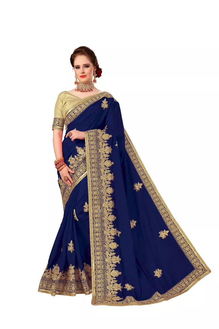 Blue embroidered silk saree with blouse