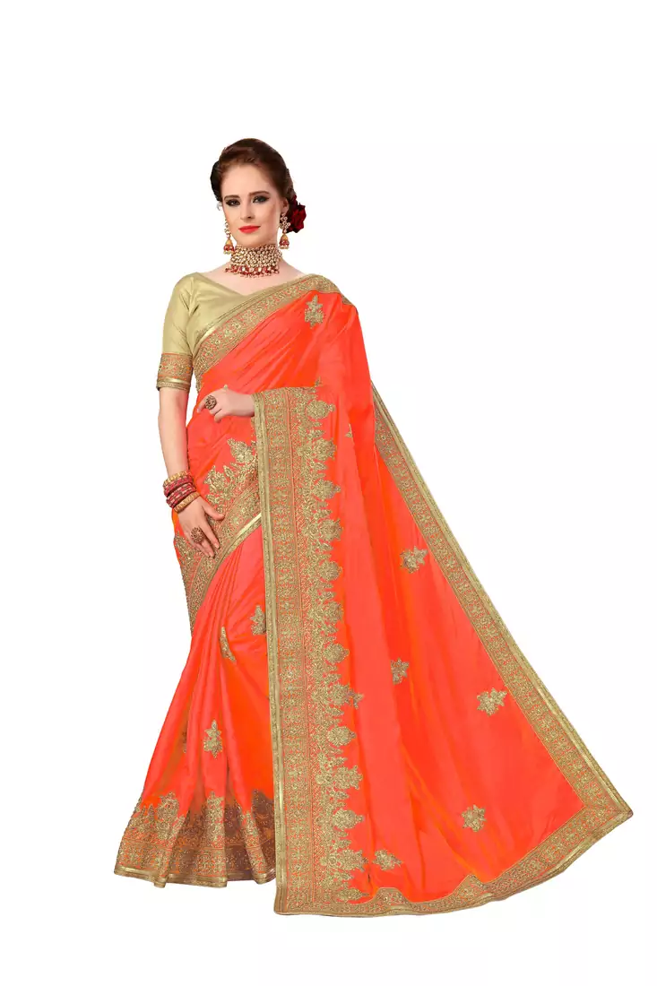 Orange embroidered silk saree with blouse
