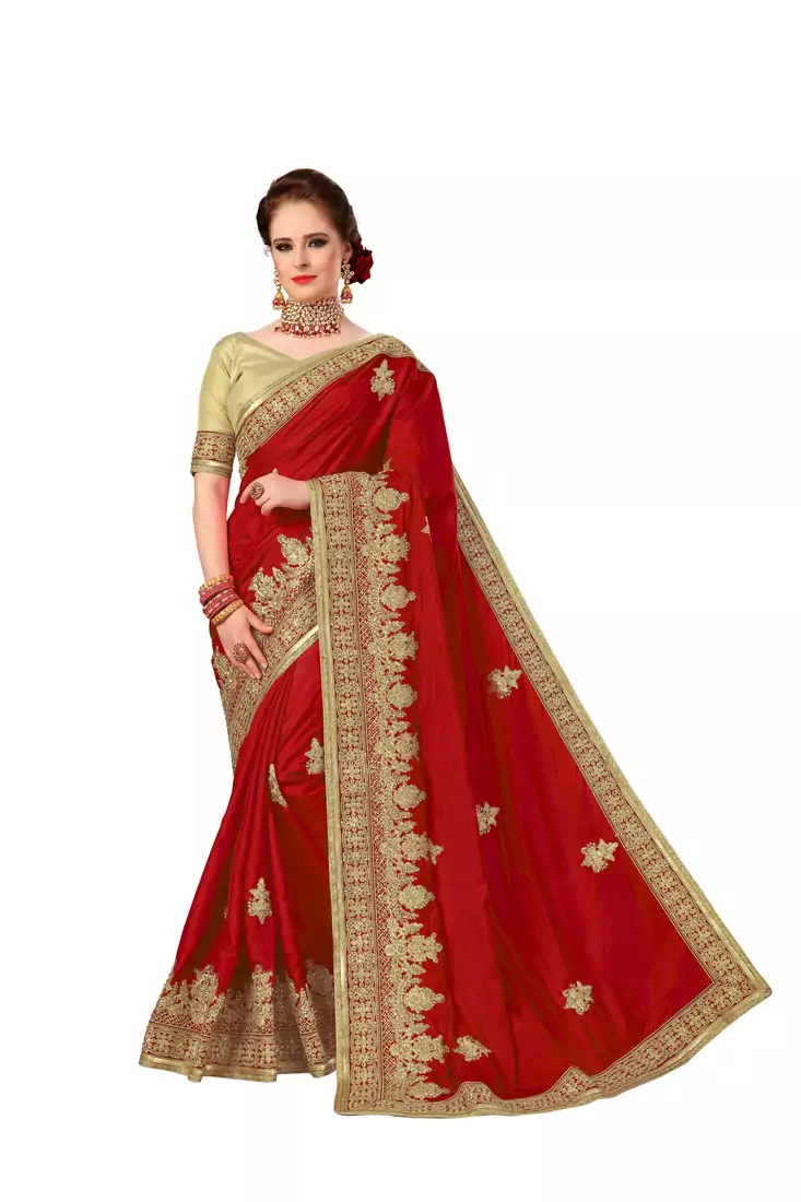 Red embroidered silk saree with blouse