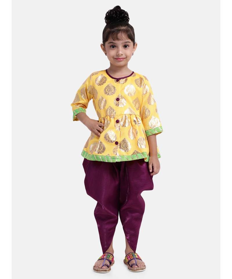 Girls Foil Print Front Open Peplum Dhoti Yellow