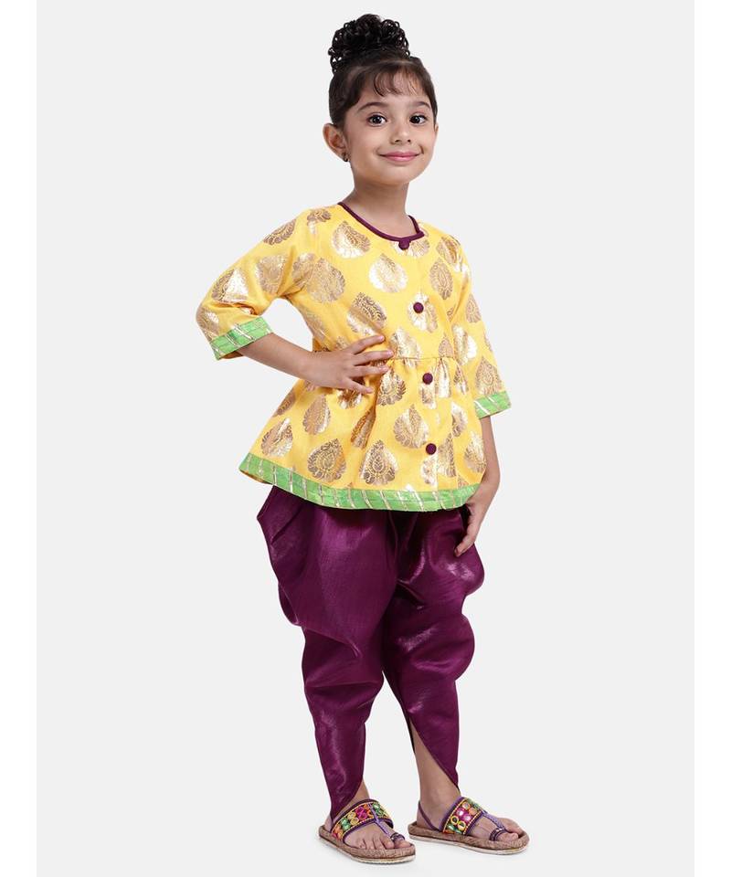 Girls Foil Print Front Open Peplum Dhoti Yellow