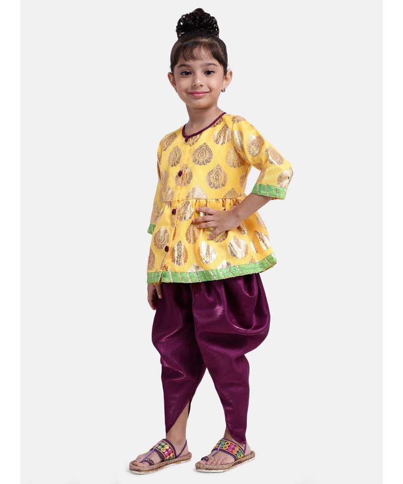 Girls Foil Print Front Open Peplum Dhoti Yellow