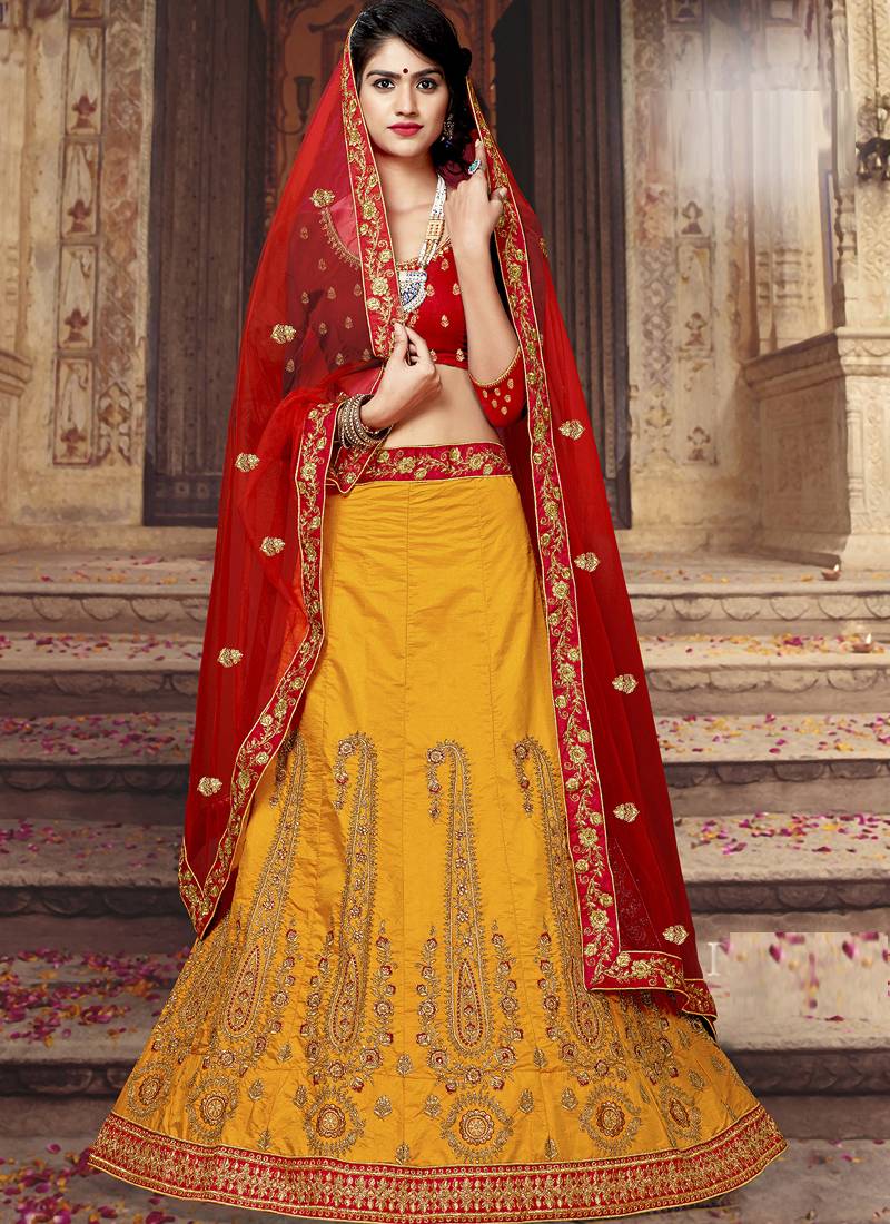 Yellow Plain Silk Unstitched Lehenga Rajasthanibazar 3138474