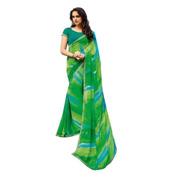 Green printed georgette saree with blouse 1