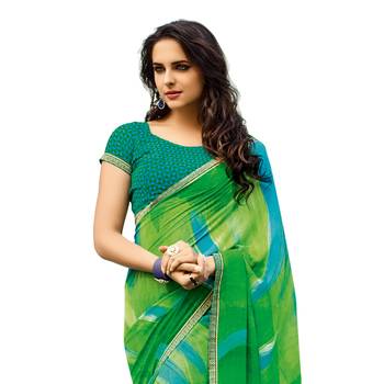 Green printed georgette saree with blouse 2