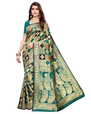 Green woven silk blend saree with blouse 1