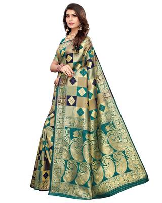 Green woven silk blend saree with blouse 3
