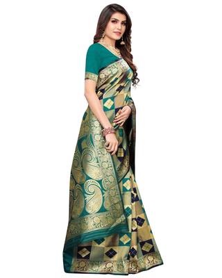 Green woven silk blend saree with blouse 4