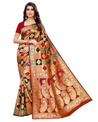 Red woven silk blend saree with blouse 1