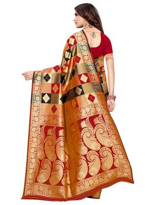 Red woven silk blend saree with blouse 2