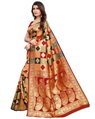Red woven silk blend saree with blouse 3