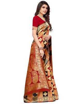 Red woven silk blend saree with blouse 4