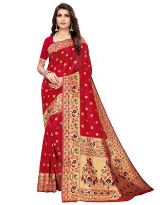 Red woven silk blend saree with blouse 1
