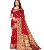 Red woven silk blend saree with blouse