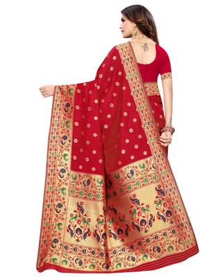 Red woven silk blend saree with blouse 2