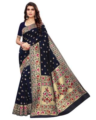 Blue woven silk blend saree with blouse 1