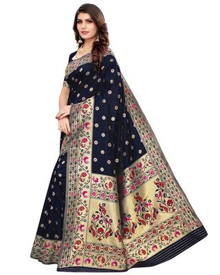 Blue woven silk blend saree with blouse 3